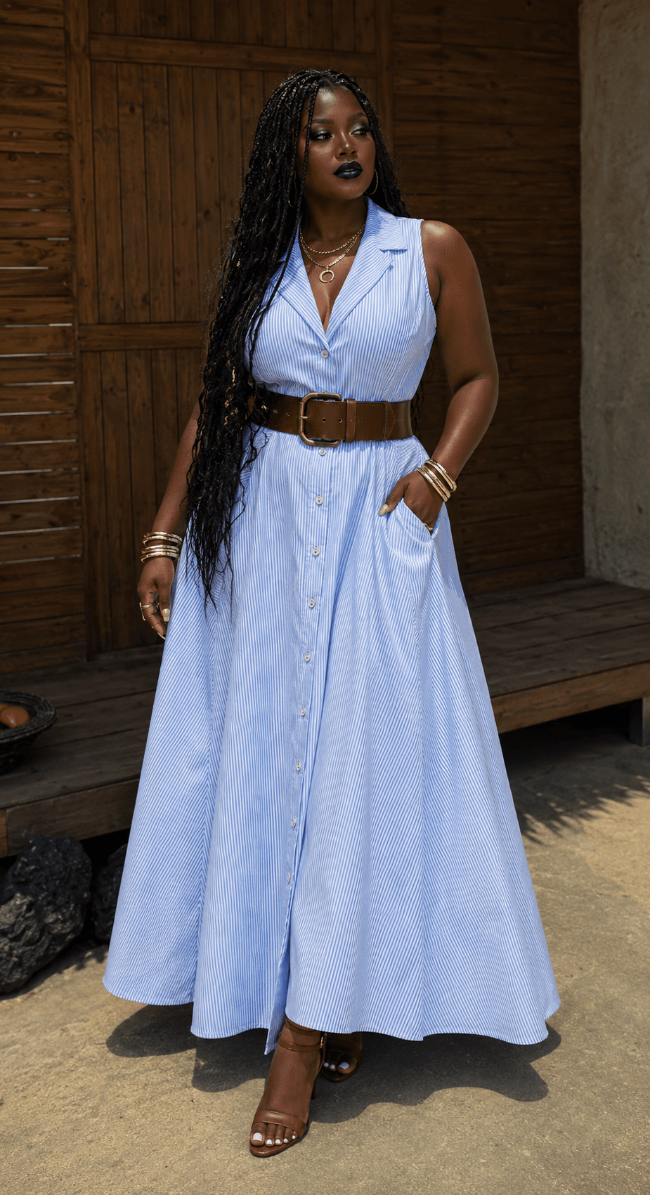 Blue Stripe Sleeveless Maxi Dress
