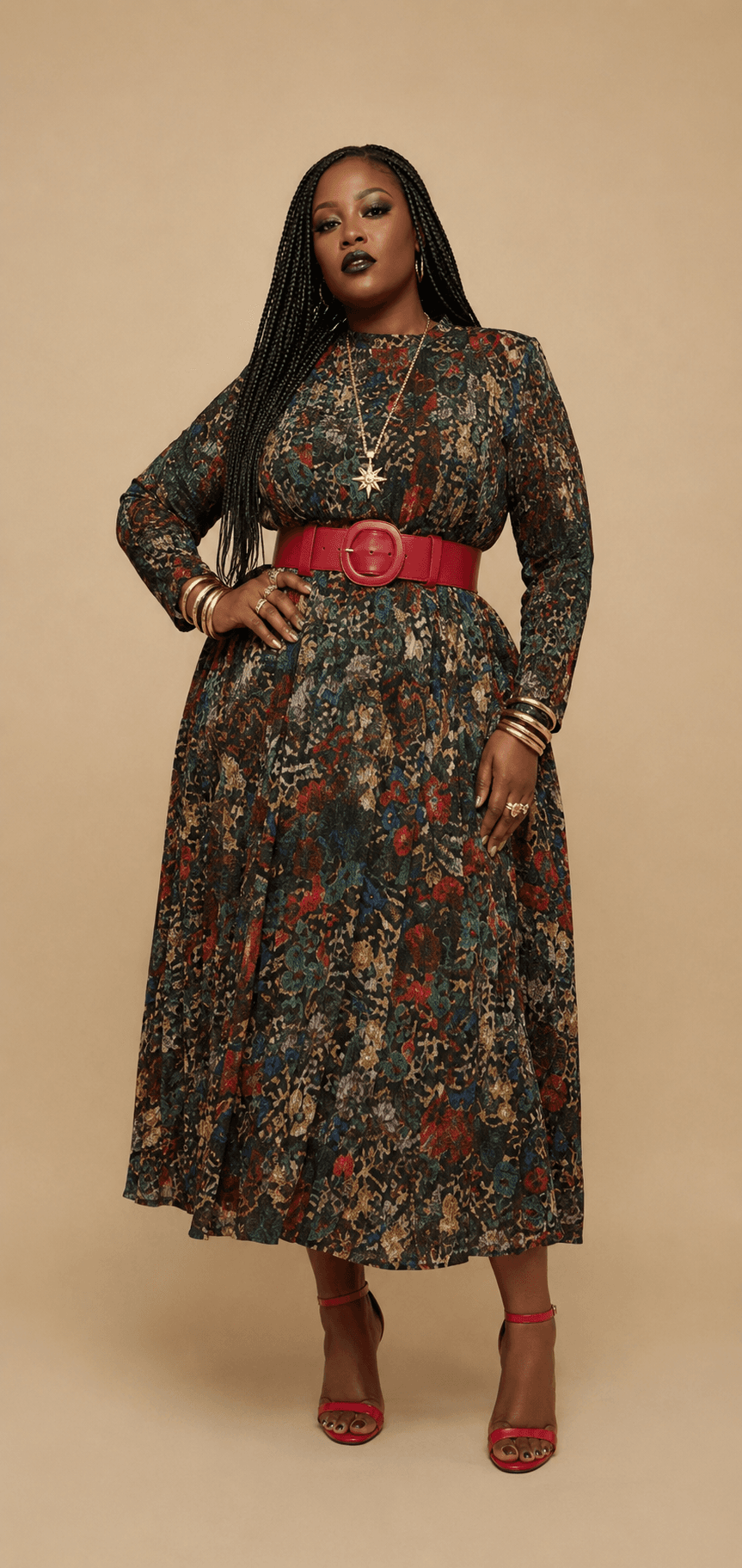 Dark Floral Long Sleeve Midi Dress
